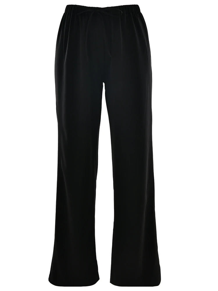 JULISSA MO Satin High Waist Lace Up Women Trousers Pink Casual Basic Elastic Waist Drawstring Pant Lady Loose Elegant Streetwear