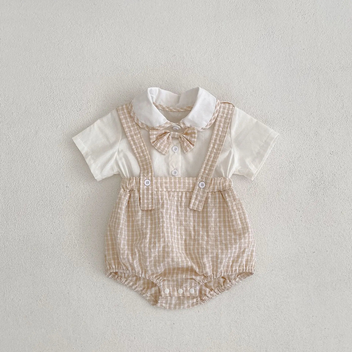 Instagram summer baby jumpsuit, male and female baby doll collar, plaid fake two-piece triangular jumpsuit, crawling