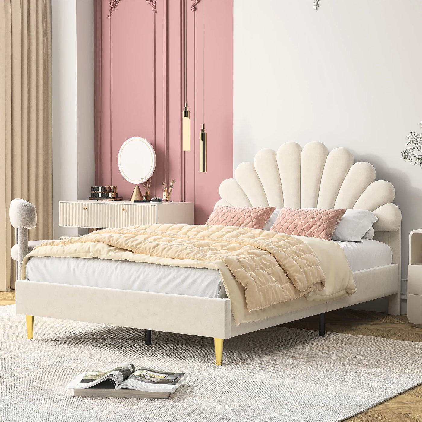 Double bed 140x200 cm, upholstered bed with flower-shaped headboard and slatted frame, stable bed frame, children's bed