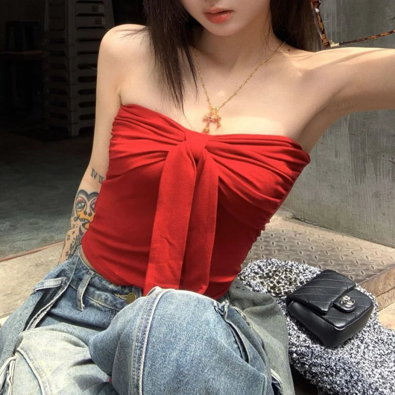 Sleeveless Tank Top for Women Summer Slim Bow Crop Top Sexy Skinny Tube Tops Fashion Clothing Streetwear Girl