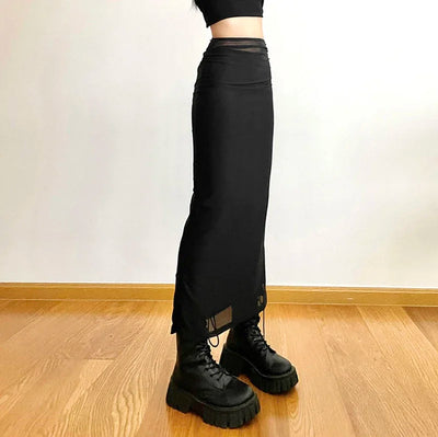 Y2K Black Long Skirts Women Harajuku Sexy Mesh Patchwork Wrap Skirt Summer Gothic Korean High Waist Slim A Line Faldas New