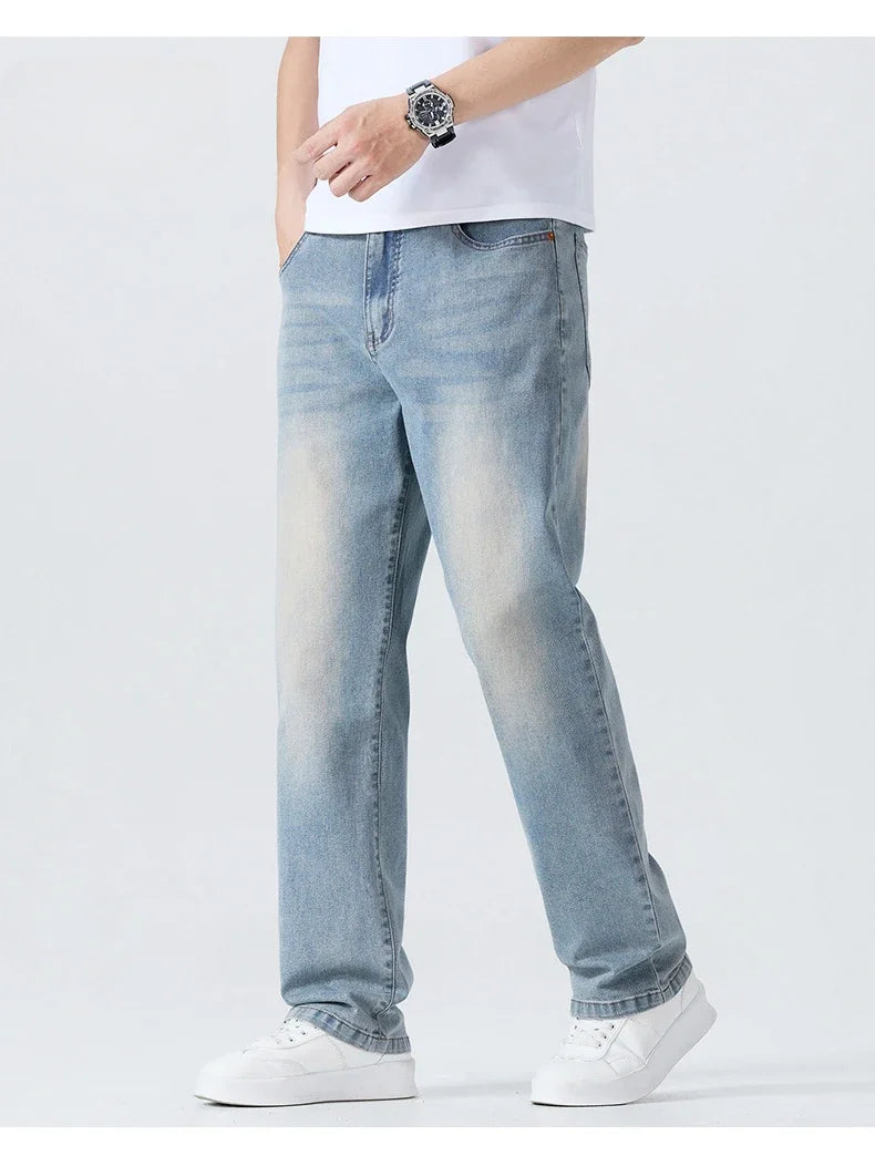 Summer Thin Straight Jeans Men's Clothing Soft Breathable Trousers Male Brand Comfortable Business Loose Denim Pants