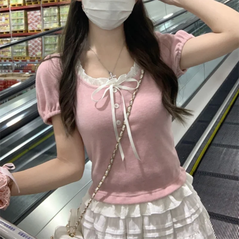 Pink Ruffle Edge Patchwork Short Sleeved T-shirt for Women Summer Cute Slim Two Pieces Girls Short Top Trendy