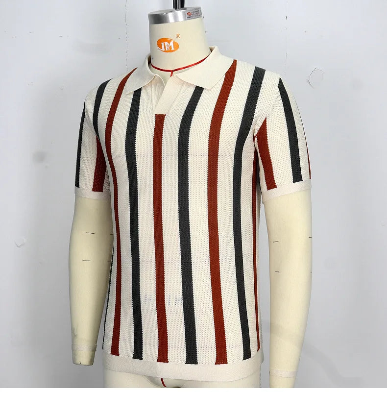 Men's Sexy See-through Knit Shirt Breathable Hollow Striped Shirt Summer New Men's Thin Coat Men's Clothing Hawaiian Shirt Tops
