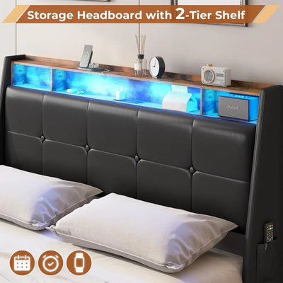 MSmask Full Black Platform Bed with Storage, LED Lights, USB Ports, 4 Drawers, Wingback Headboard - Modern Style, No Box Spring