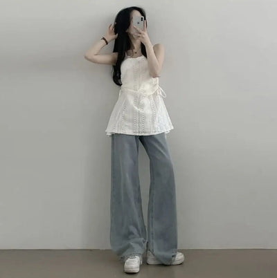 Hot Girl Korean Style Drawstring Lace-up Waist Lace Short Suspender Dresses + White Inner Wear Bottoming Sling Top Two-piece Set