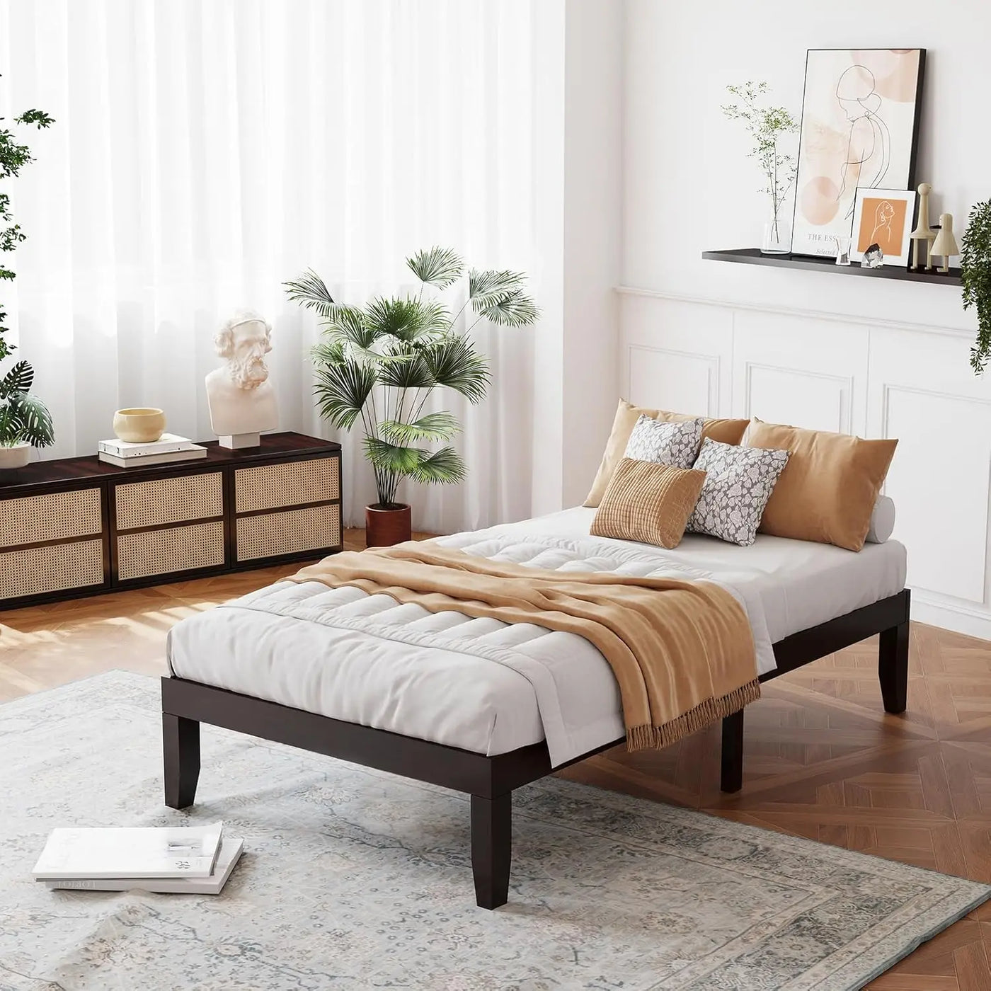 14 Inch Wood Platform Bed Frame,Minimalist Mattress Foundation with Solid Rubber Wood,Heavy Duty Slat Support, Without Headboard