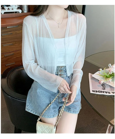 Ice silk sun protection clothing for women in summer, thin chiffon cardigan with camisole skirt, outer cover, small shawl jacket