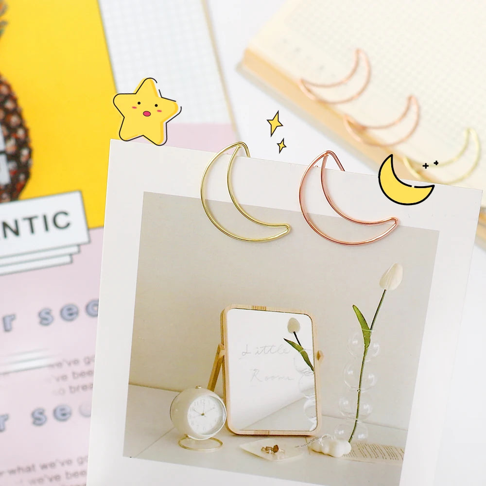 20pcs Moon Paper Clip rose gold Paper Clips Golden Plating Paperclip Cute Office Stationery Pin Silver Moon