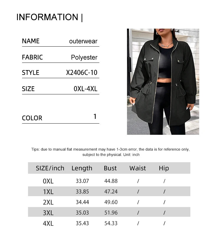 Plus Size Solid Colour Ladies Jacket Casual Fashion Windproof Zip Design Suitable for Autumn and Winter Coat