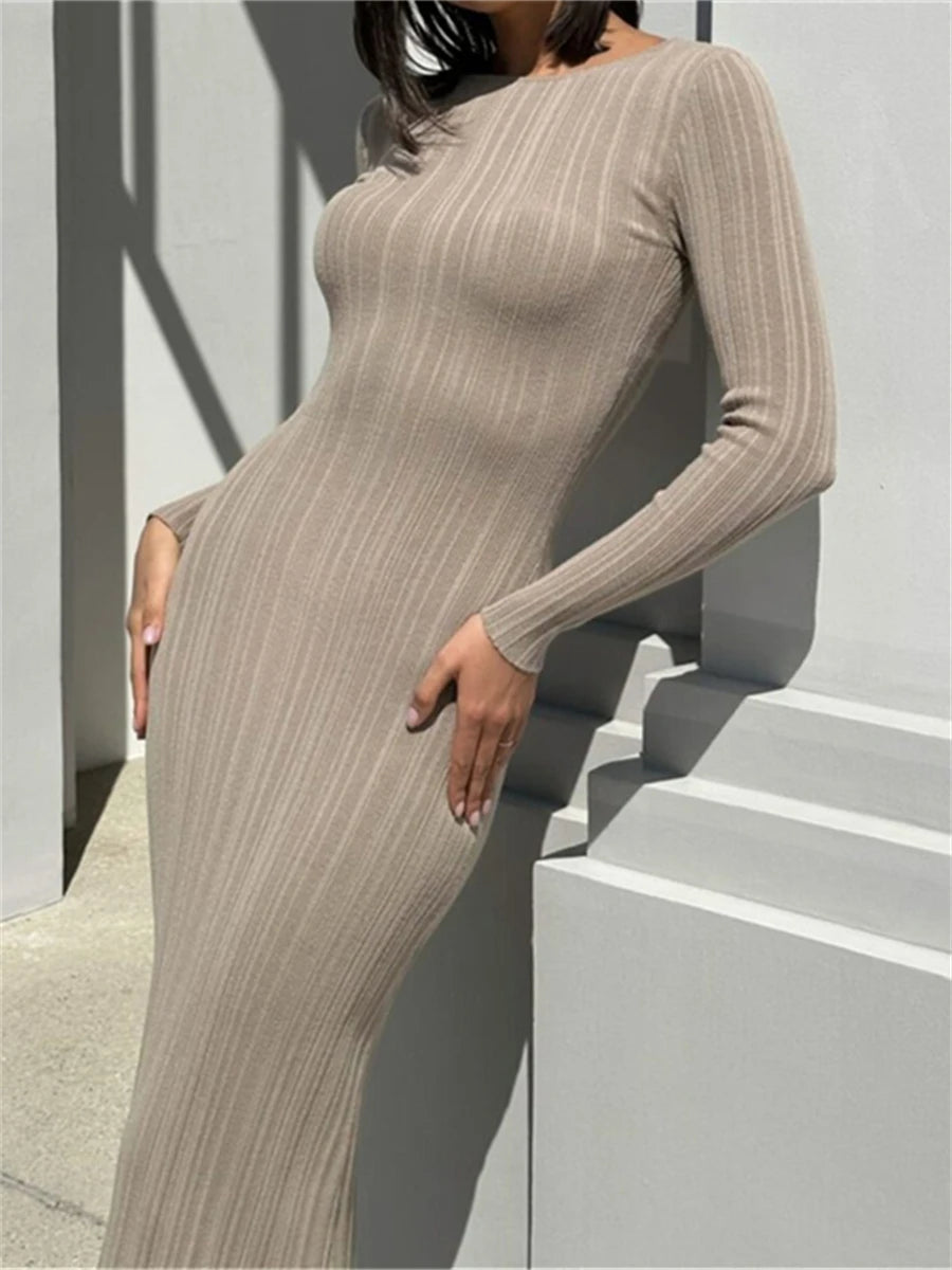 Fall Casual Knit Ribbed Bodycon Long Dress Simple Style Solid Color Long Sleeve O Neck Wrapped Pencil Dress Street Party