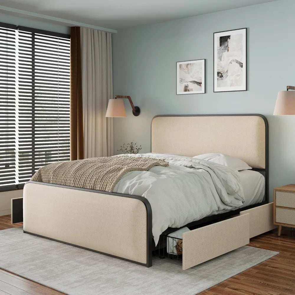 King Size Linen Curved Upholstered Headboard Footboard Bed, Metal Platform Bed Frame with 4 Storage Drawers, Heavy Duty Metal