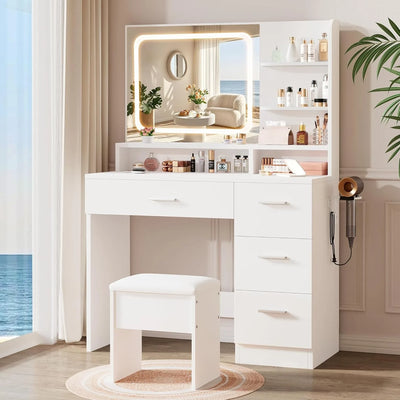 Makeup Vanity Desk, White, 35.4'Wx15.7'Dx53.9'H (Samrt LED Mirror, Open Shelves, with Cushion Stool, 4 Drawers, Hairdryer Rack,