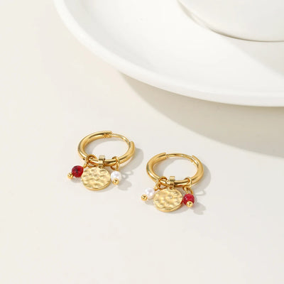 YACHAN 18K Gold Plated Stainless Steel Hoop Earrings for Women Tap Texture Metal Pearl Charms Earring Trendy Jewelry Gift
