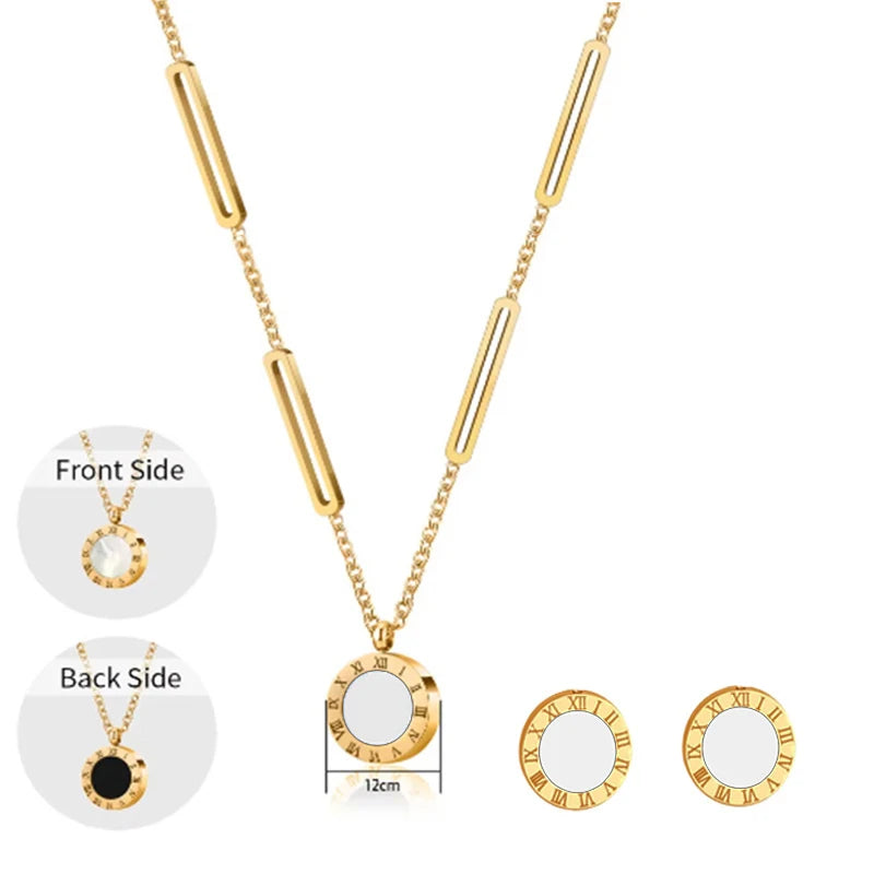 3pcs Trendy Stainless Steel Roman Digital Wafer Earrings Necklace Set for Women Black White Shells Party Jewelry