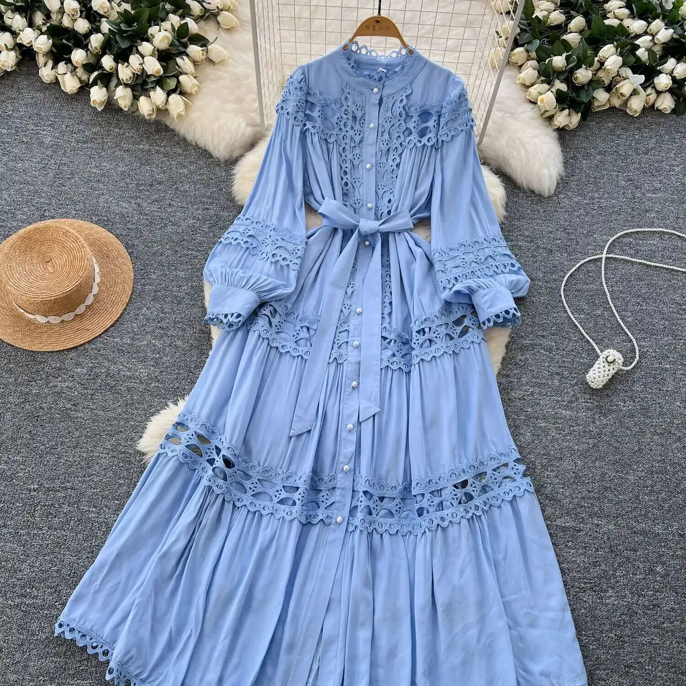 Elegant Long Maxi Hollow Out Dress Shirt Women Summer Autumn Palace Retro Pearl Button Embroidery Crochet Evening Party Vestidos