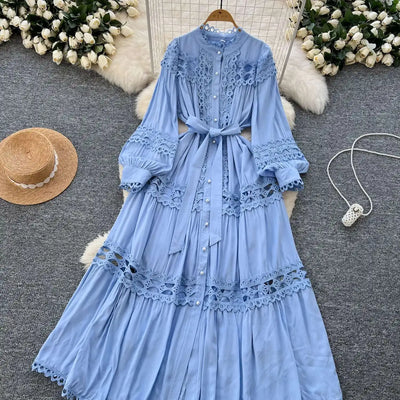 Elegant Long Maxi Hollow Out Dress Shirt Women Summer Autumn Palace Retro Pearl Button Embroidery Crochet Evening Party Vestidos