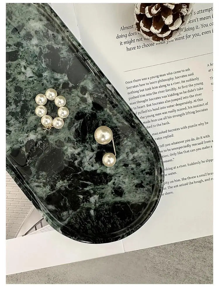 Luxury Green Marble Oval Tray: Bathroom Organizer & Fruit Serving Platter, Waterproof Stone Decor for Hotel Spa Home Kitchen