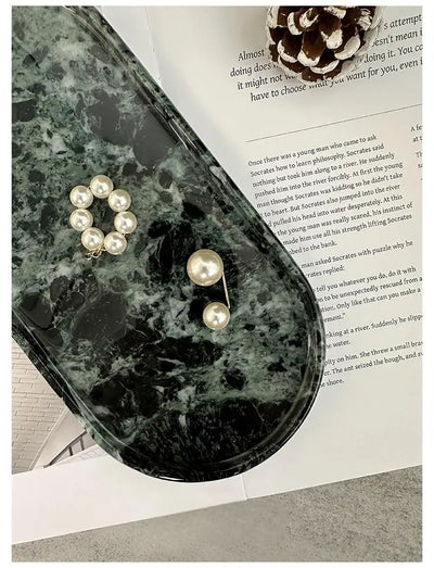 Luxury Green Marble Oval Tray: Bathroom Organizer & Fruit Serving Platter, Waterproof Stone Decor for Hotel Spa Home Kitchen
