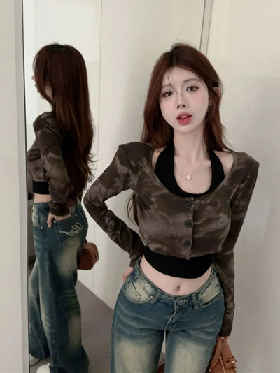 Y2k Halter Top Tie Dye Long Sleeved T Shirts Strap 2 Piece Set Korean Sexy Slim Fit Crop Tops Autumn Girl Interior Harajuku Tee