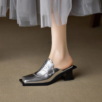 NEW Summer Women Mules Genuine Leather Shoes for Women Square Toe Chunky Heel Shoes Cover Toe Slingback Sandals Modern Slippers