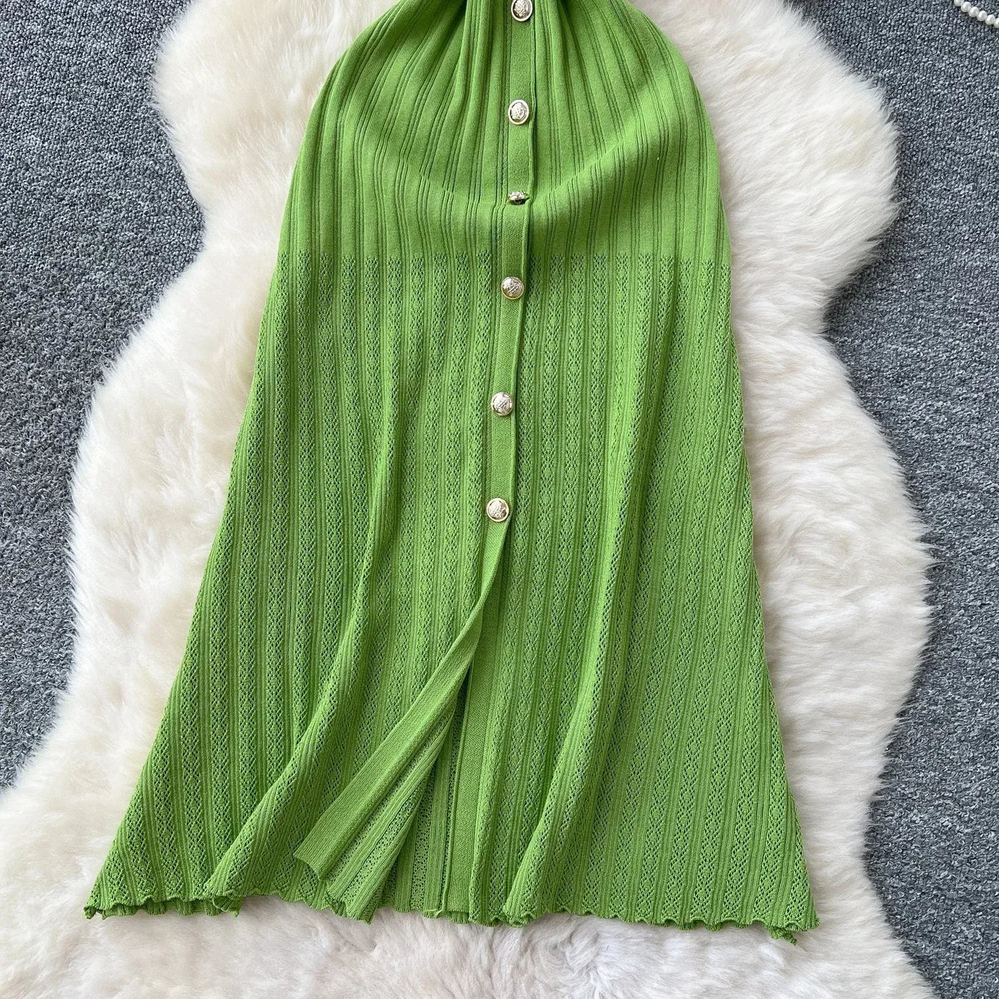 Women's Round Neck Sleeveless Dress Single-breasted Chic Elasticated Waist Slim Long Skirt   New High Quality Knitted Dress