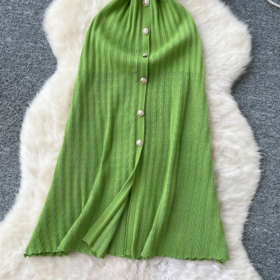 Women's Round Neck Sleeveless Dress Single-breasted Chic Elasticated Waist Slim Long Skirt   New High Quality Knitted Dress