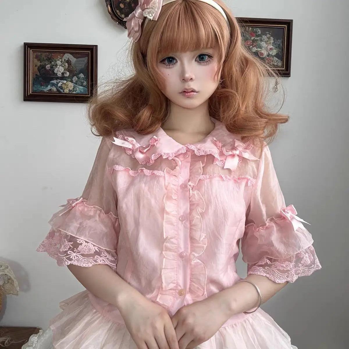 Lolita Shirt Women Preppy Style Sweet Blouses Cute Peter Pan Collar Lace Ruffle JK Shirts Girls Short Sleeve Blusas Chic
