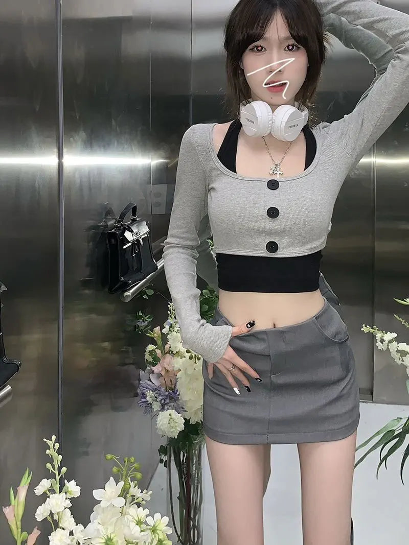 Women's Top Halter Vest 2 Piece Sets U Neck Long Sleeve Crop Tops Babes Korean Style Chic Short T-shirt Ladies Gothic Y2k Tees