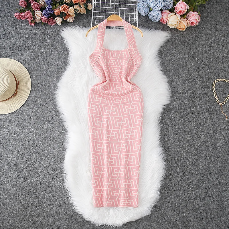 YuooMuoo Women Dress Brand Fashion Geometric Knitting Y2K Halter Bodycon Summer Dress  Sexy Wrap Hips Halter Mini Party Vestidos