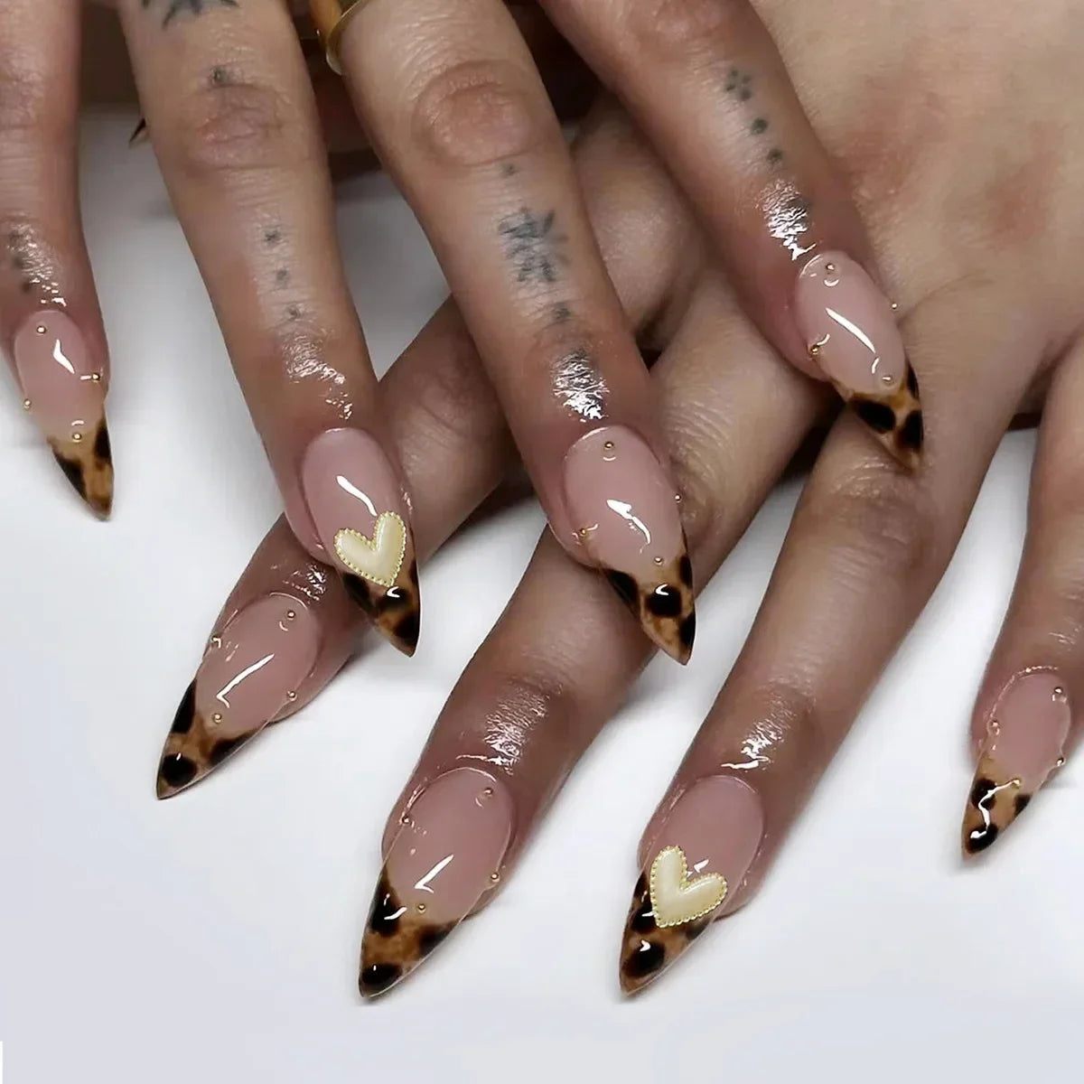 24Pc Leopard Print French False Nails Long Stiletto Press on Nails with Steel Ball Fake Nail Sweet Cool Detachable Nail Tips Art