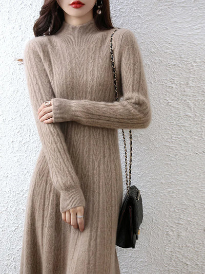 Elegant Fashion Dresses Cashmere Sweater Knitted Long Dress 100% Merino Wool Women Turtleneck Office Skirt Autumn Winter Clothes