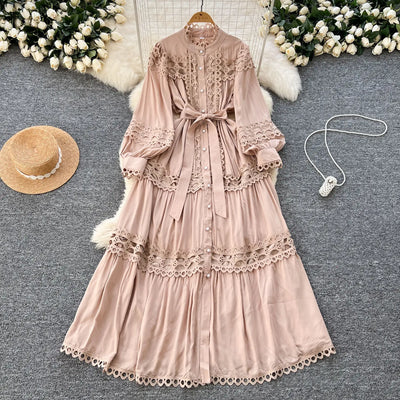 Elegant Long Maxi Hollow Out Dress Shirt Women Summer Autumn Palace Retro Pearl Button Embroidery Crochet Evening Party Vestidos