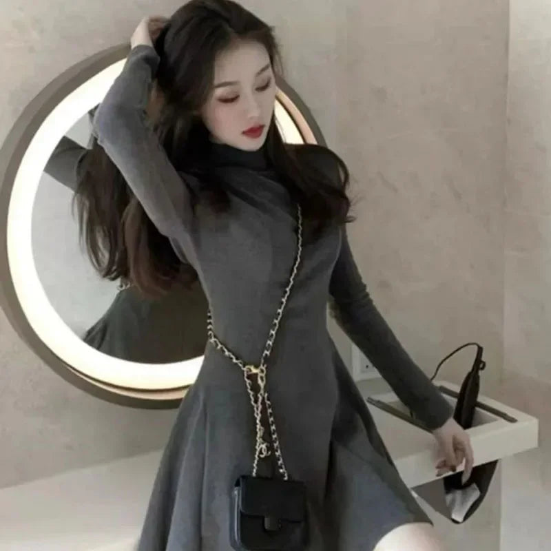 Xpqbb Women Elegant Waist-Tight Mini Dress 2025 Autumn Winter Long Sleeve Slim Dresses Woman Korean Fashion Party Pleated Dress