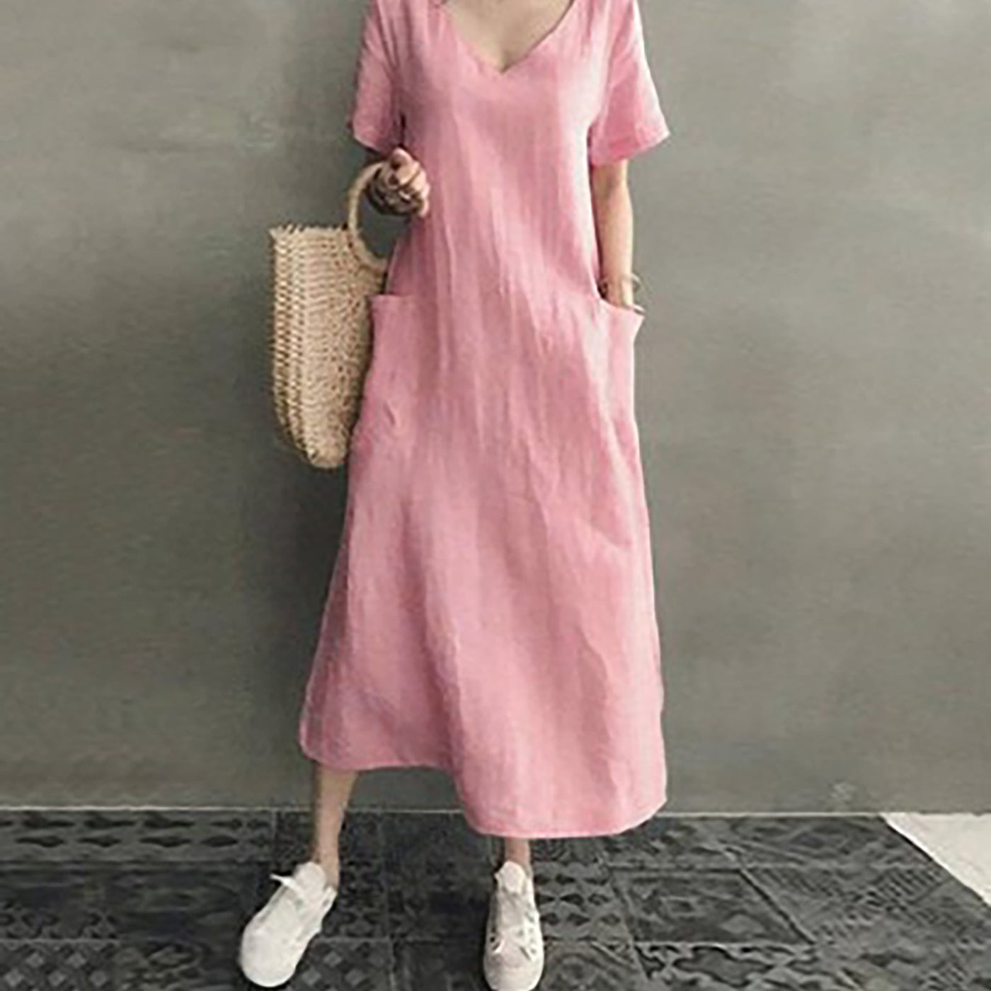 2024 Summer Dresses Qutfits Causal Dress Short Sleeved Cotton Linen V Neck Dress With Pocket Loose Comfy Dresses Vestidos