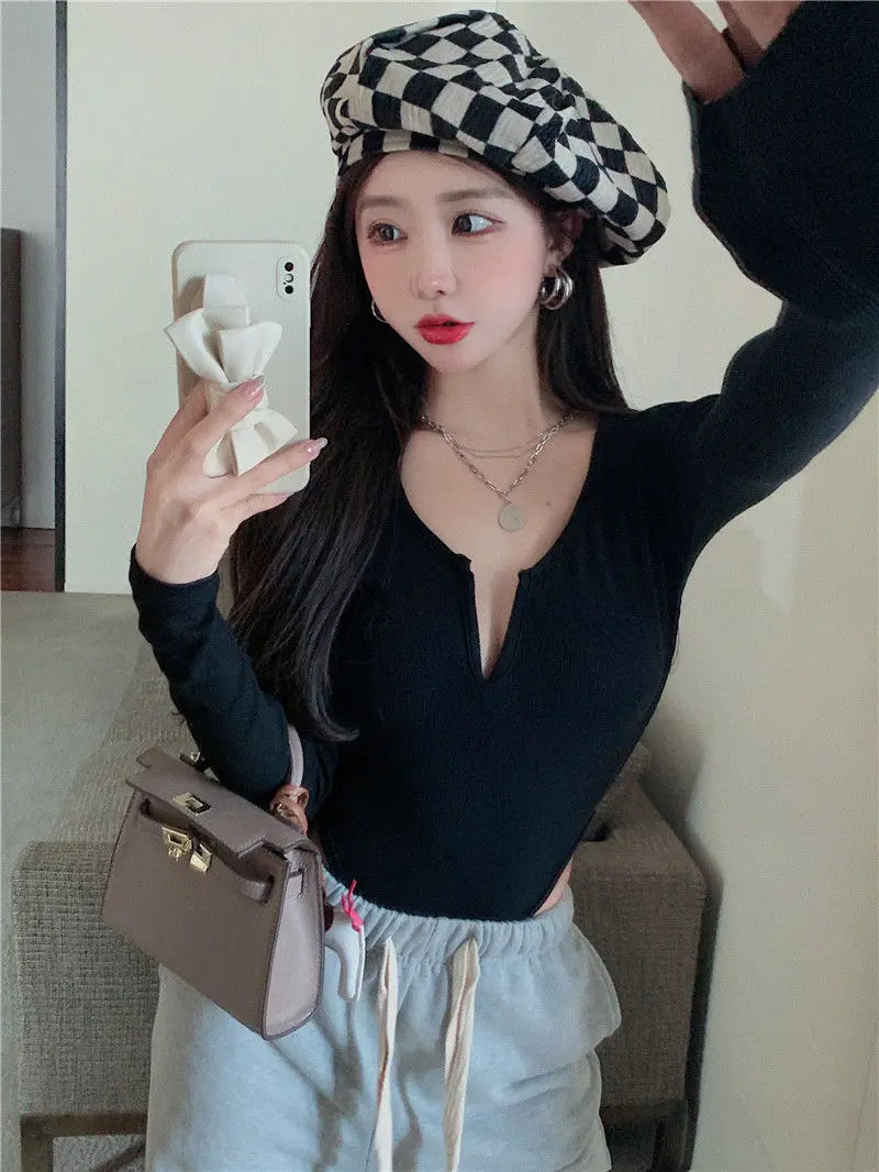 Women's Slim Bodysuit Sexy Solid Color Long Sleeve T-shirt Korean Skinny Top Club Party Festival Outfit Black Gothic One-pieces