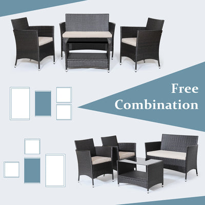 4PCS Patio Rattan Furniture Set Armrest Cushion Sofa Coffee Table withShelf Garden