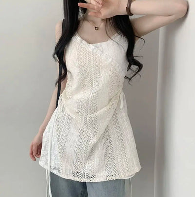 Hot Girl Korean Style Drawstring Lace-up Waist Lace Short Suspender Dresses + White Inner Wear Bottoming Sling Top Two-piece Set