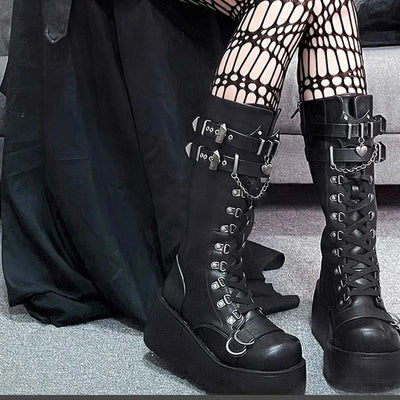 Metal Buckle Chunky Platform Punk Boots Women 2024 Winter Gothic Thick Bottom Knee High Boots Woman Black Wedges Cosplay Shoes