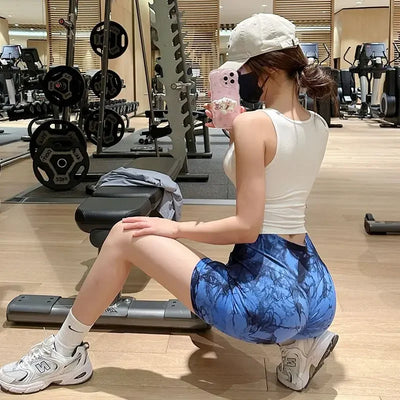 Women's Tie Dye Quick Drying Yoga Shorts Peach Hip Compression Shorts High Waisted Tight Fitting Sports Shorts  Yoga Specific