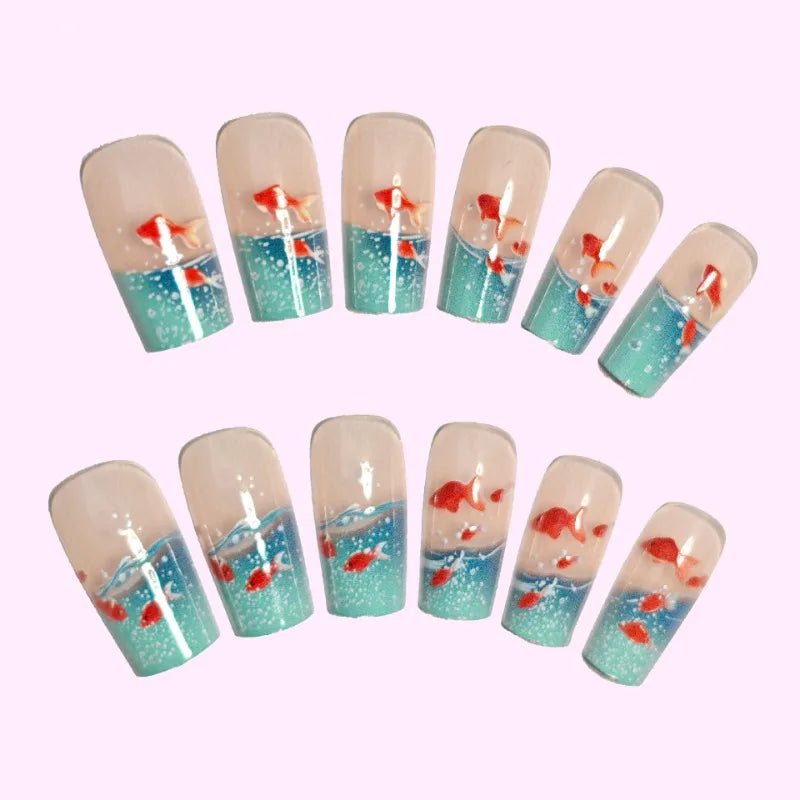 24pcs Square Stick-on Nails Set Goldfish Nail Tips Cheap Nail Seal Summer Beautiful false Nails Wholesale Holiday Press on Nails