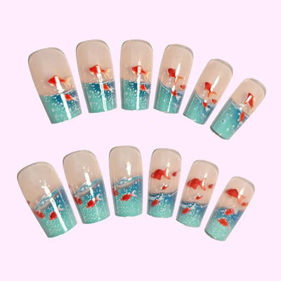 24pcs Square Stick-on Nails Set Goldfish Nail Tips Cheap Nail Seal Summer Beautiful false Nails Wholesale Holiday Press on Nails