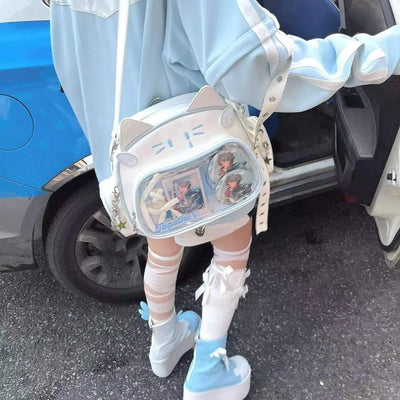 JIAERDI Kawaii Cat Ita Bag Lolita Y2K Backpack Female Cute PU Shoulder Bag Girl Transparent Pocket Harajuku Crossbody Bag Women