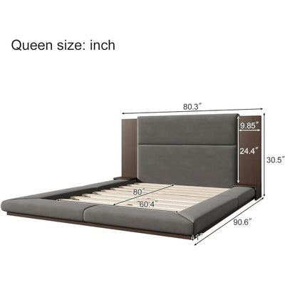 queen velvet upholstered bed frame with built-in side storage and extended wooden headboard
