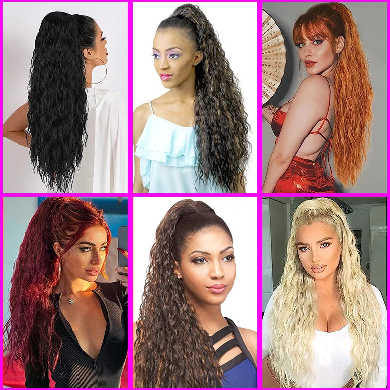 Curly Wavy Drawstring Ponytail Extension Long Clip In Ponytail Hair Extensions for Black Women Blonde Synthetic Fake Hairpieces