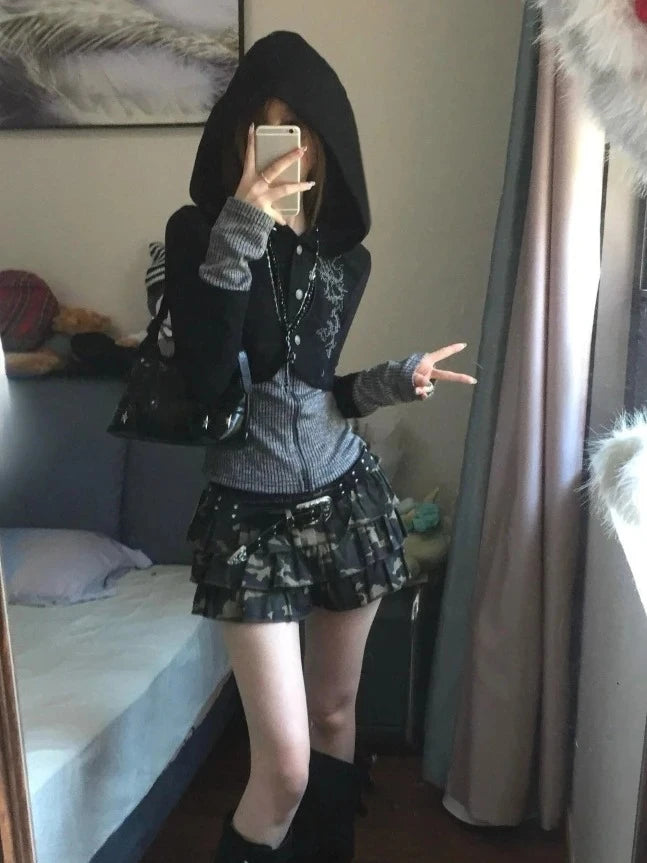 Print Tunic Hooded Y2k Coat Streetwear Fashion Casual Hoodies Tops Ropa Mujer Vintage Sweatshirts 2024 Women's Clothes White