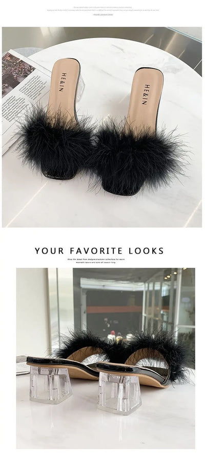 Mules Sandal Women Summer Outdoor Fashion Slippers Square Toe High Heels Office Ladies Feather Slides Chic Classics Furry Shoes