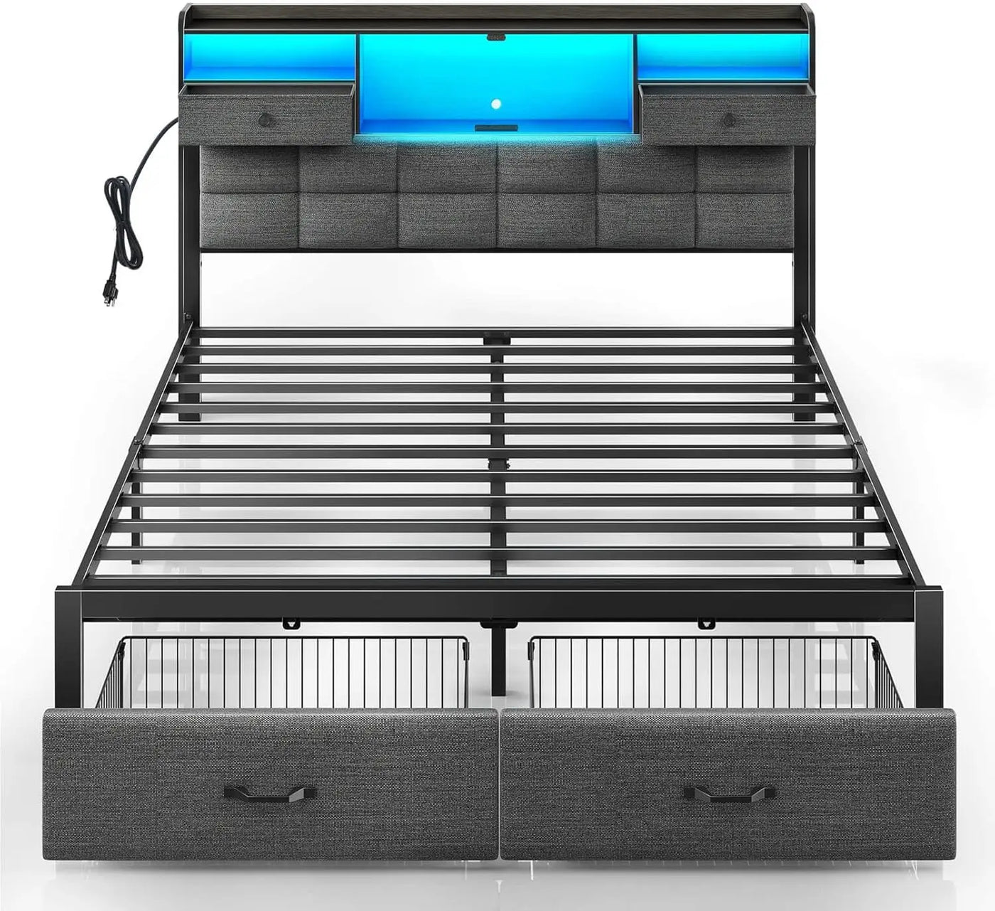 Bed Frame Queen Size with Drawers and Charging Station,Metal Frame,Upholstered Platform Bed with Storage Headboard and LED Light