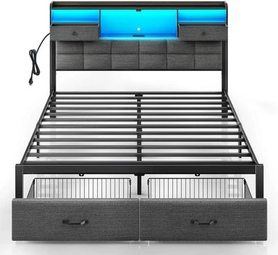 Bed Frame Queen Size with Drawers and Charging Station,Metal Frame,Upholstered Platform Bed with Storage Headboard and LED Light
