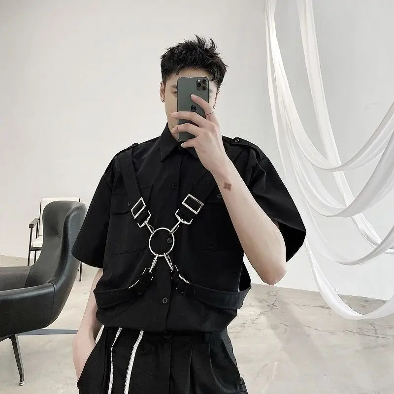 Summer trendy brand dark functional style short sleeved shirt with men's personality strap metal ring ribbon half sleeved trend